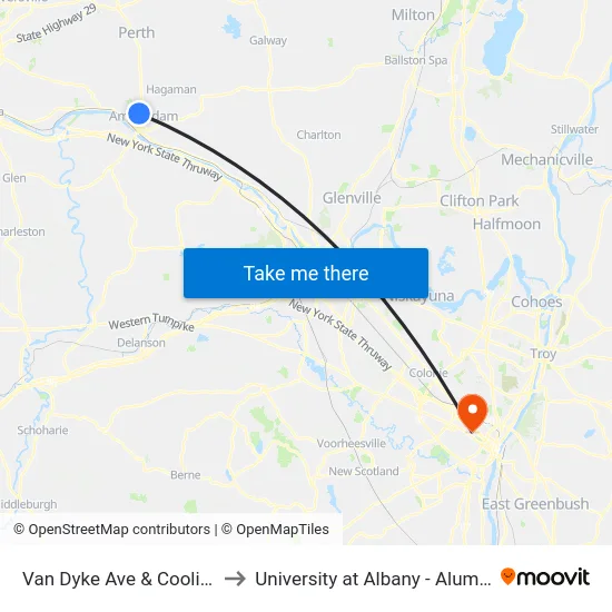 Van Dyke Ave & Coolidge Rd to University at Albany - Alumni Quad map