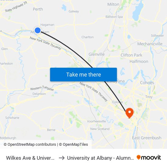 Wilkes Ave & University Pl to University at Albany - Alumni Quad map