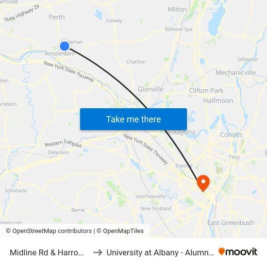 Midline Rd & Harrower Ln to University at Albany - Alumni Quad map