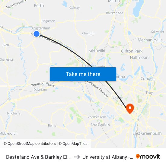 Destefano Ave & Barkley Elementary School to University at Albany - Alumni Quad map