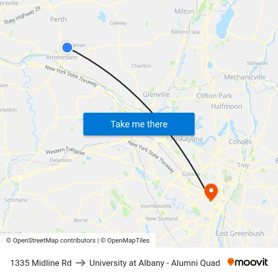 1335 Midline Rd to University at Albany - Alumni Quad map