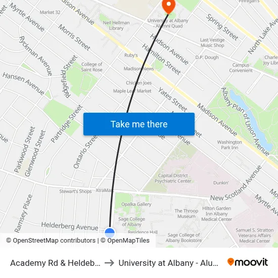 Academy Rd & Heldeberg Ave to University at Albany - Alumni Quad map