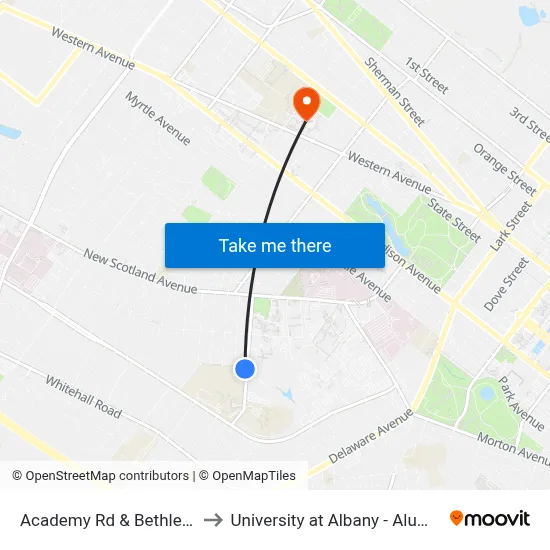 Academy Rd & Bethlehem St to University at Albany - Alumni Quad map