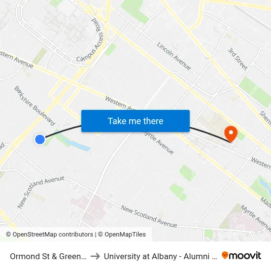 Ormond St & Greenway to University at Albany - Alumni Quad map