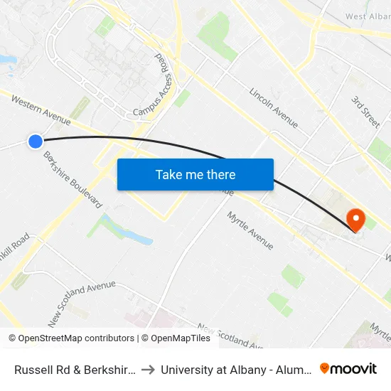 Russell Rd & Berkshire Blvd to University at Albany - Alumni Quad map