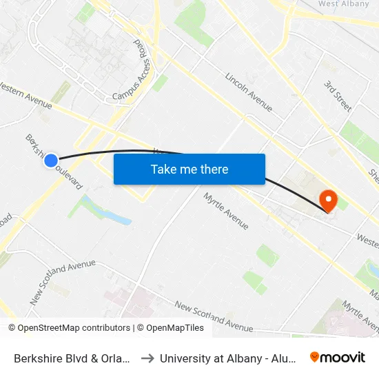 Berkshire Blvd & Orlando Ave to University at Albany - Alumni Quad map