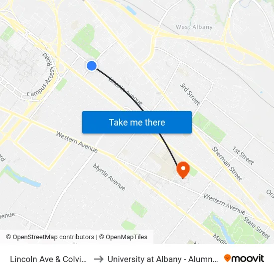 Lincoln Ave & Colvin Ave to University at Albany - Alumni Quad map