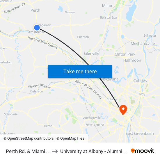 Perth Rd. & Miami Ave to University at Albany - Alumni Quad map