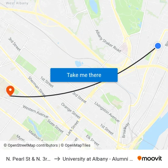 N. Pearl St & N. 3rd St to University at Albany - Alumni Quad map