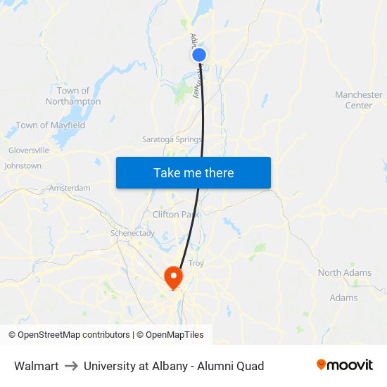 Walmart to University at Albany - Alumni Quad map