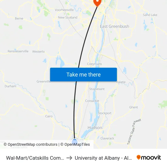 Wal-Mart/Catskills Common Area to University at Albany - Alumni Quad map