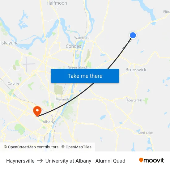 Haynersville to University at Albany - Alumni Quad map