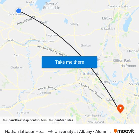 Nathan Littauer Hospital to University at Albany - Alumni Quad map