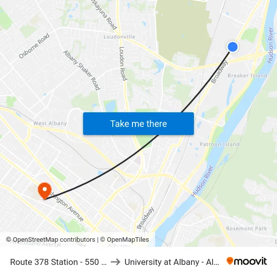 Route 378 Station - 550 Broadway to University at Albany - Alumni Quad map