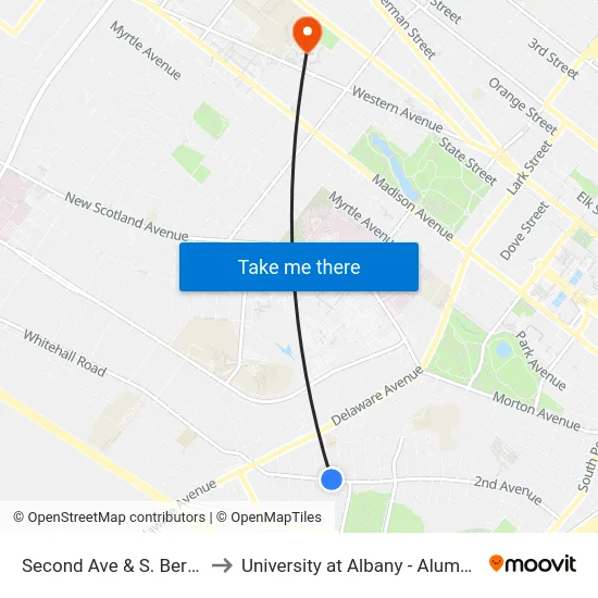 Second Ave & S. Bertha St to University at Albany - Alumni Quad map