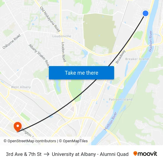 3rd Ave & 7th St to University at Albany - Alumni Quad map