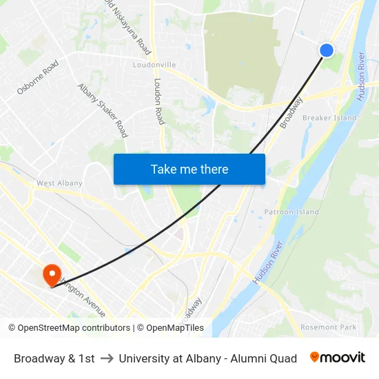 Broadway & 1st to University at Albany - Alumni Quad map