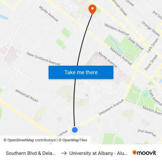 Southern Blvd & Delaware Ave to University at Albany - Alumni Quad map