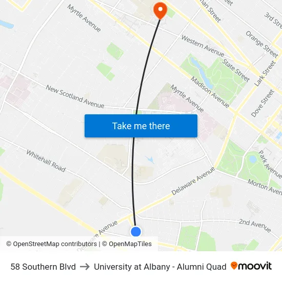 58 Southern Blvd to University at Albany - Alumni Quad map
