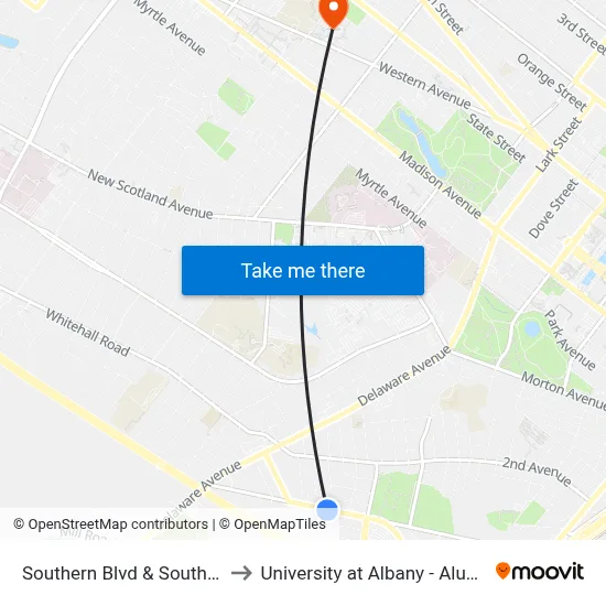 Southern Blvd & Southern Blvd to University at Albany - Alumni Quad map