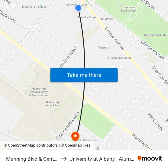 Manning Blvd & Central Ave to University at Albany - Alumni Quad map