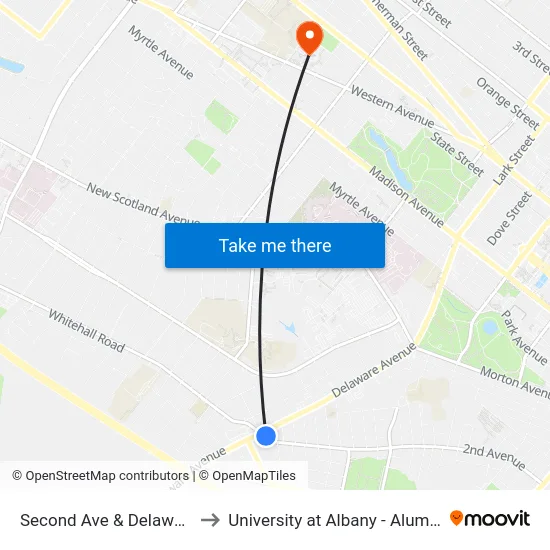 Second Ave & Delaware Ave to University at Albany - Alumni Quad map