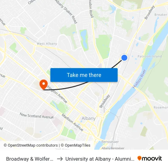 Broadway & Wolfert Ave to University at Albany - Alumni Quad map