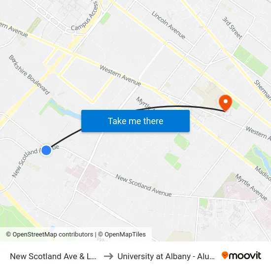 New Scotland Ave & Lenox Ave to University at Albany - Alumni Quad map