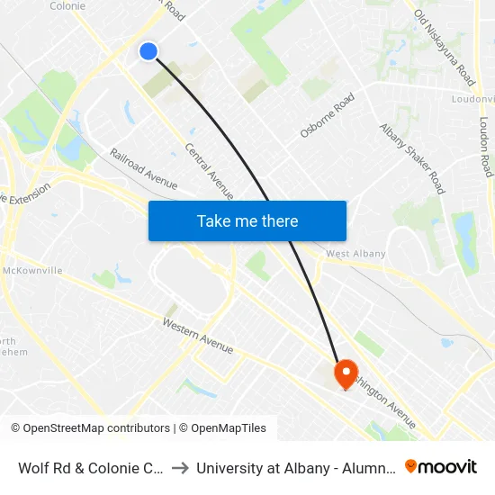 Wolf Rd & Colonie Center to University at Albany - Alumni Quad map