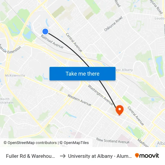 Fuller Rd & Warehouse Row to University at Albany - Alumni Quad map