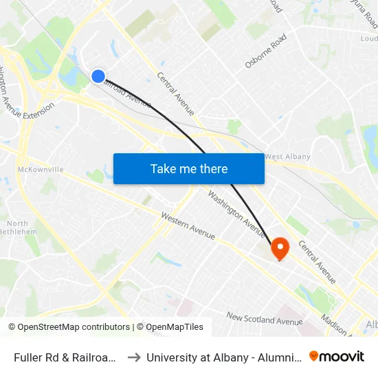 Fuller Rd & Railroad Ave to University at Albany - Alumni Quad map