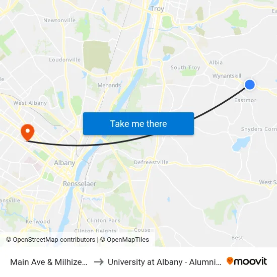 Main Ave & Milhizer Ave to University at Albany - Alumni Quad map