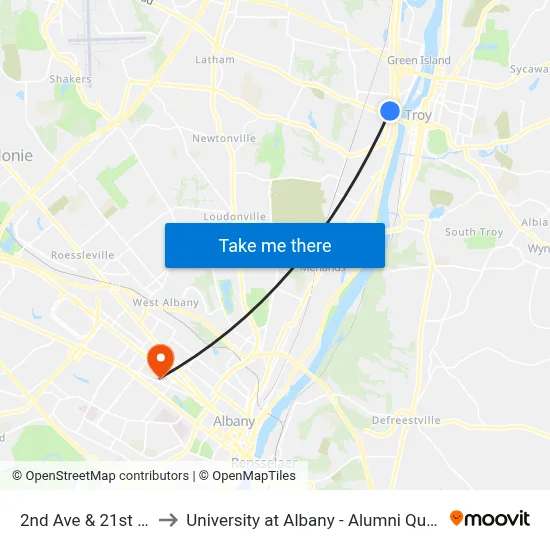2nd Ave & 21st St to University at Albany - Alumni Quad map