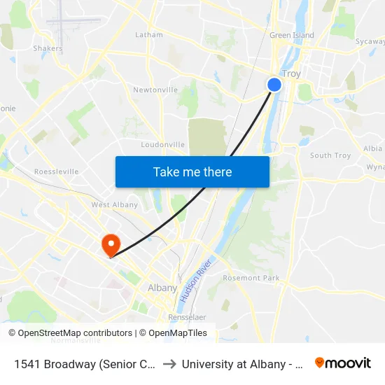 1541 Broadway (Senior Citizen Center) to University at Albany - Alumni Quad map