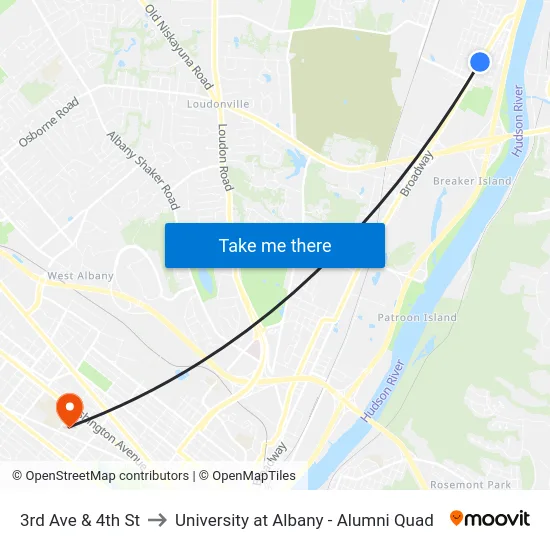 3rd Ave & 4th St to University at Albany - Alumni Quad map