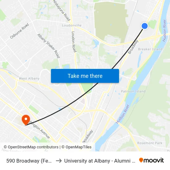 590 Broadway (Fedex) to University at Albany - Alumni Quad map