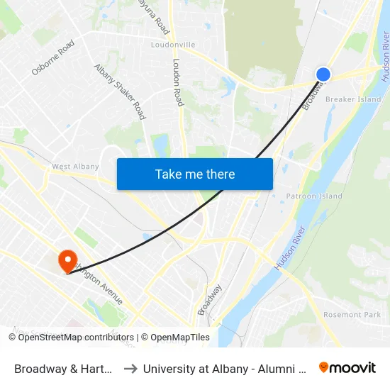 Broadway & Harts Ln to University at Albany - Alumni Quad map