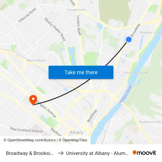 Broadway & Brookside Ave to University at Albany - Alumni Quad map