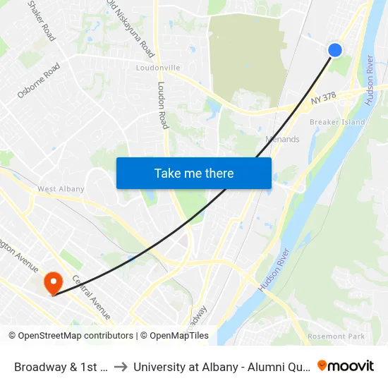 Broadway & 1st St to University at Albany - Alumni Quad map