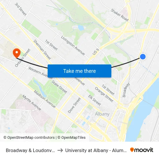 Broadway & Loudonville Rd to University at Albany - Alumni Quad map