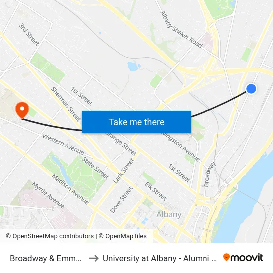 Broadway & Emmet St to University at Albany - Alumni Quad map