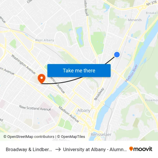 Broadway & Lindberg Ave to University at Albany - Alumni Quad map