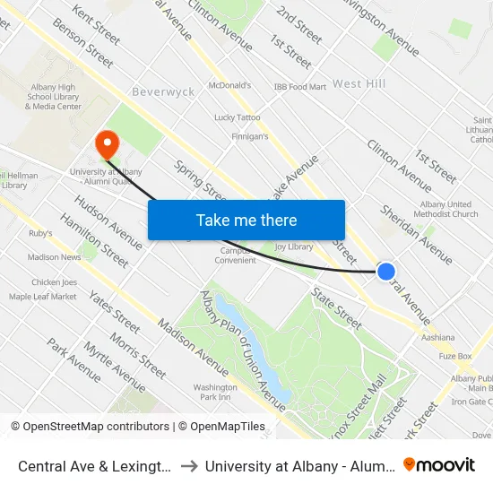 Central Ave & Lexington Ave to University at Albany - Alumni Quad map