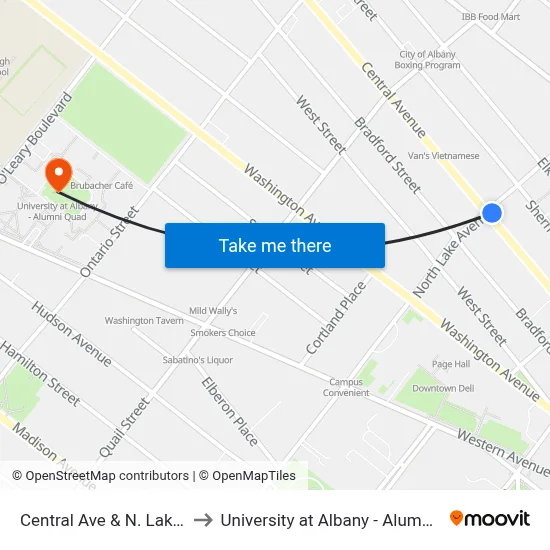 Central Ave & N. Lake Ave to University at Albany - Alumni Quad map