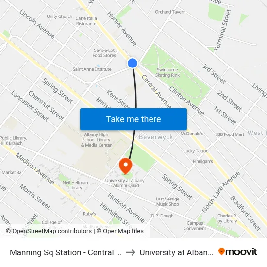 Manning Sq Station - Central Ave & N. Manning Blvd to University at Albany - Alumni Quad map