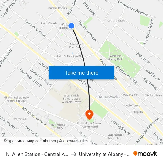 N. Allen Station - Central Ave & N. Allen St to University at Albany - Alumni Quad map