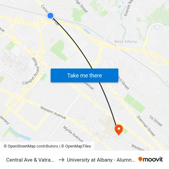 Central Ave & Vatrano Rd to University at Albany - Alumni Quad map