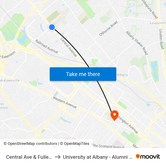 Central Ave & Fuller Rd to University at Albany - Alumni Quad map