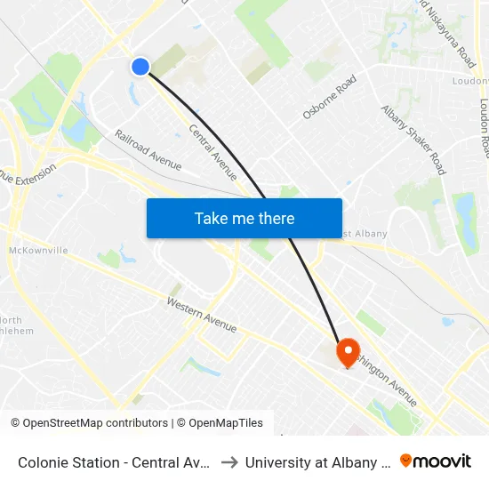 Colonie Station - Central Ave & Colonie Center to University at Albany - Alumni Quad map