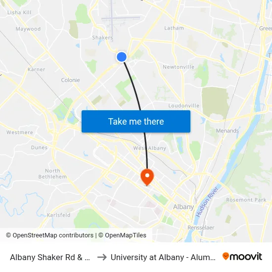 Albany Shaker Rd & Rt.155 to University at Albany - Alumni Quad map